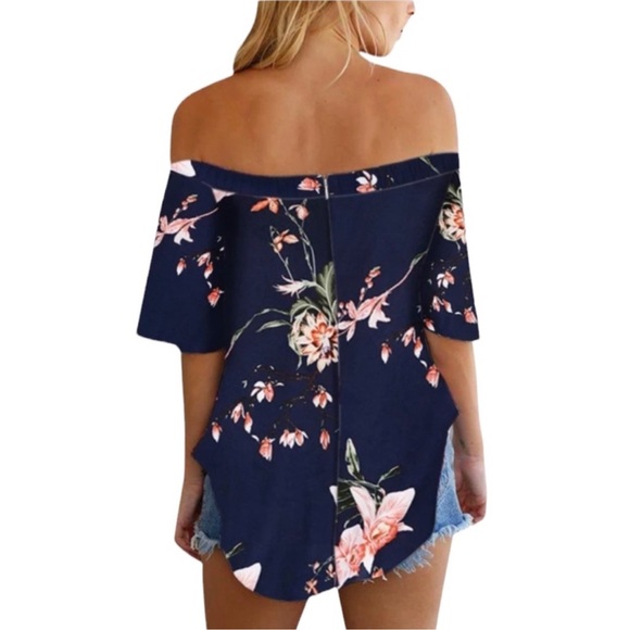 NEW YOINS Navy Floral Print Short Sleeve Off The Shoulder Top Size Small - Picture 3 of 5